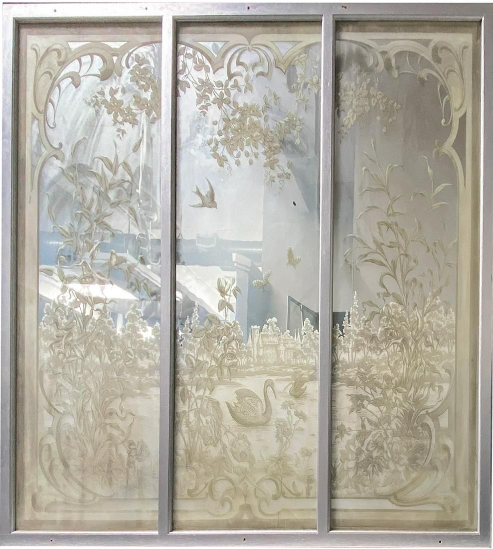 Lot 239: Large Etched Antique Wall Mirror. 19th century or earlier depicting a french chateau in a garden