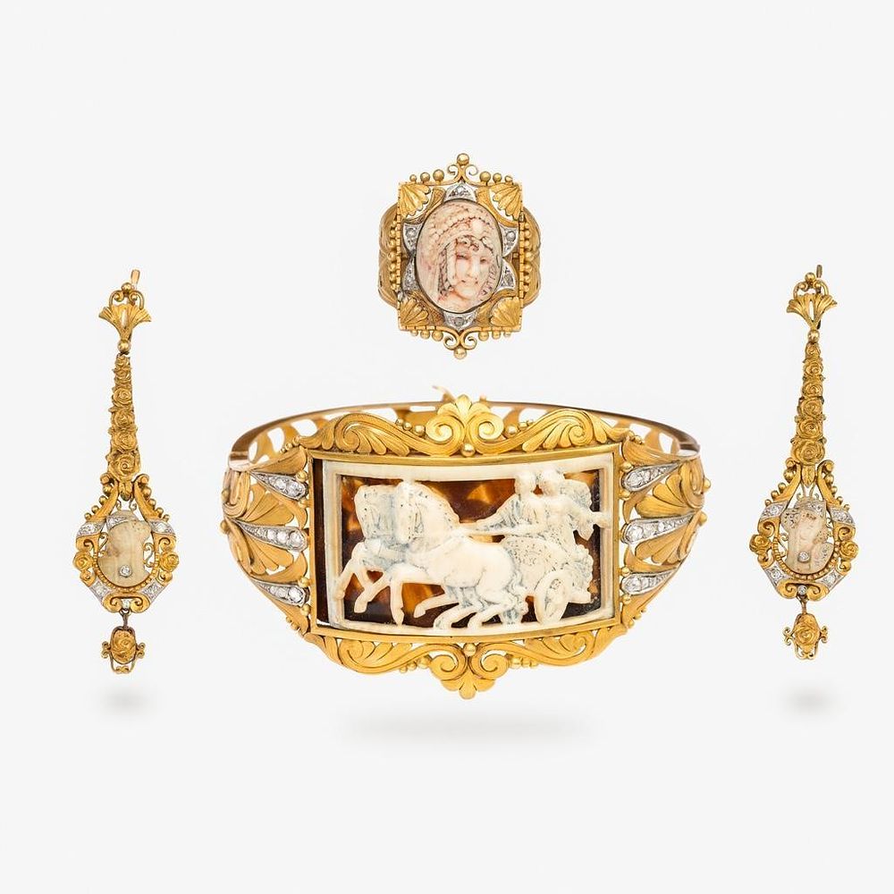 Lot 249: Extraordinary Antique 18K Gold Diamond Cameo Bracelet, Ring and Earrings