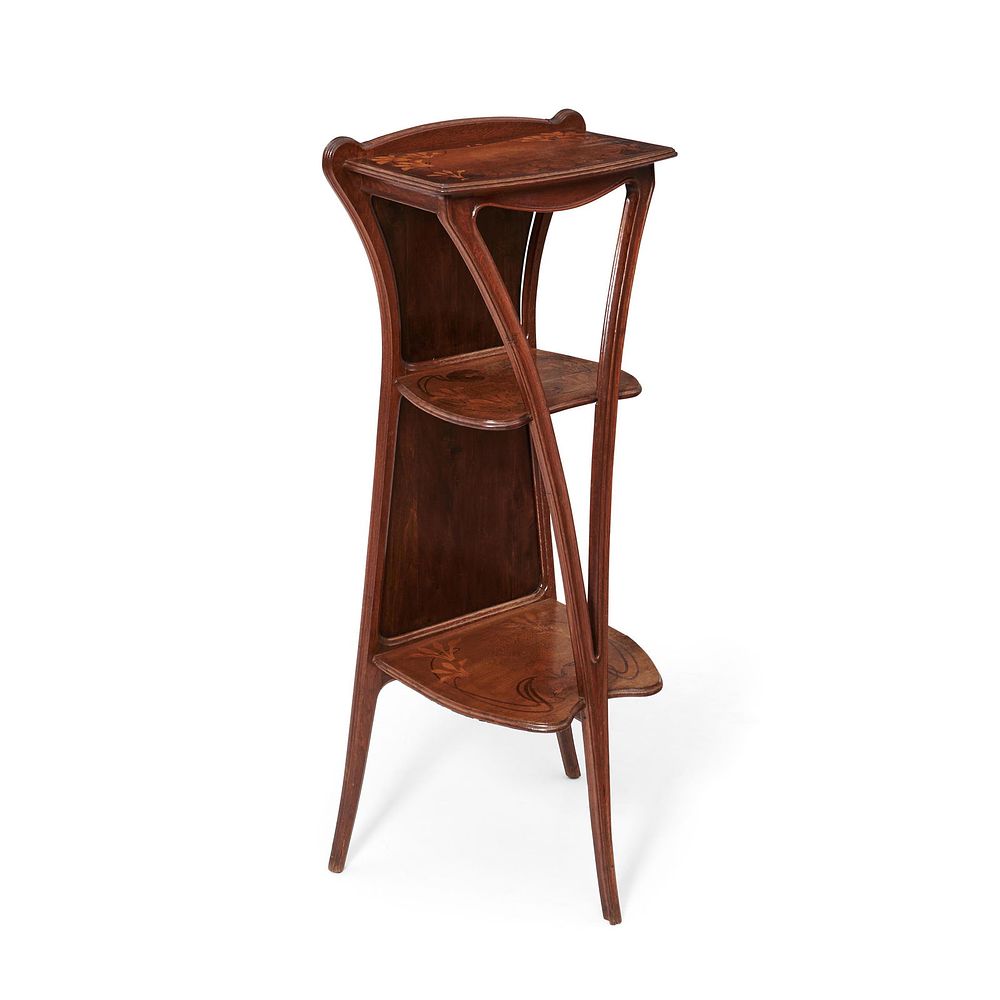 Lot 201: Marjorelle late 19th Century Art Nouveau Fruitwood and Inlay Marquetry Etagere Stand 48.5"H x