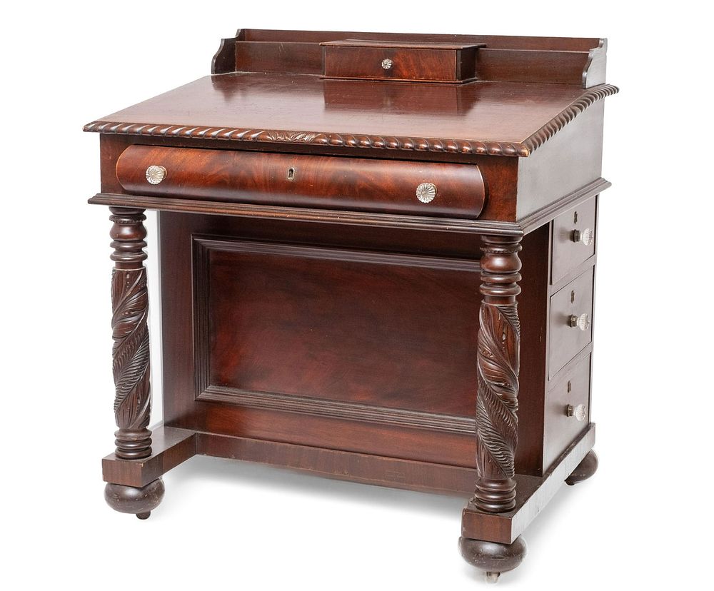 Lot 202: Antique Empire Mahogany Davenport Style Desk with Acanthus Carved Supports on Bun feet. The slant