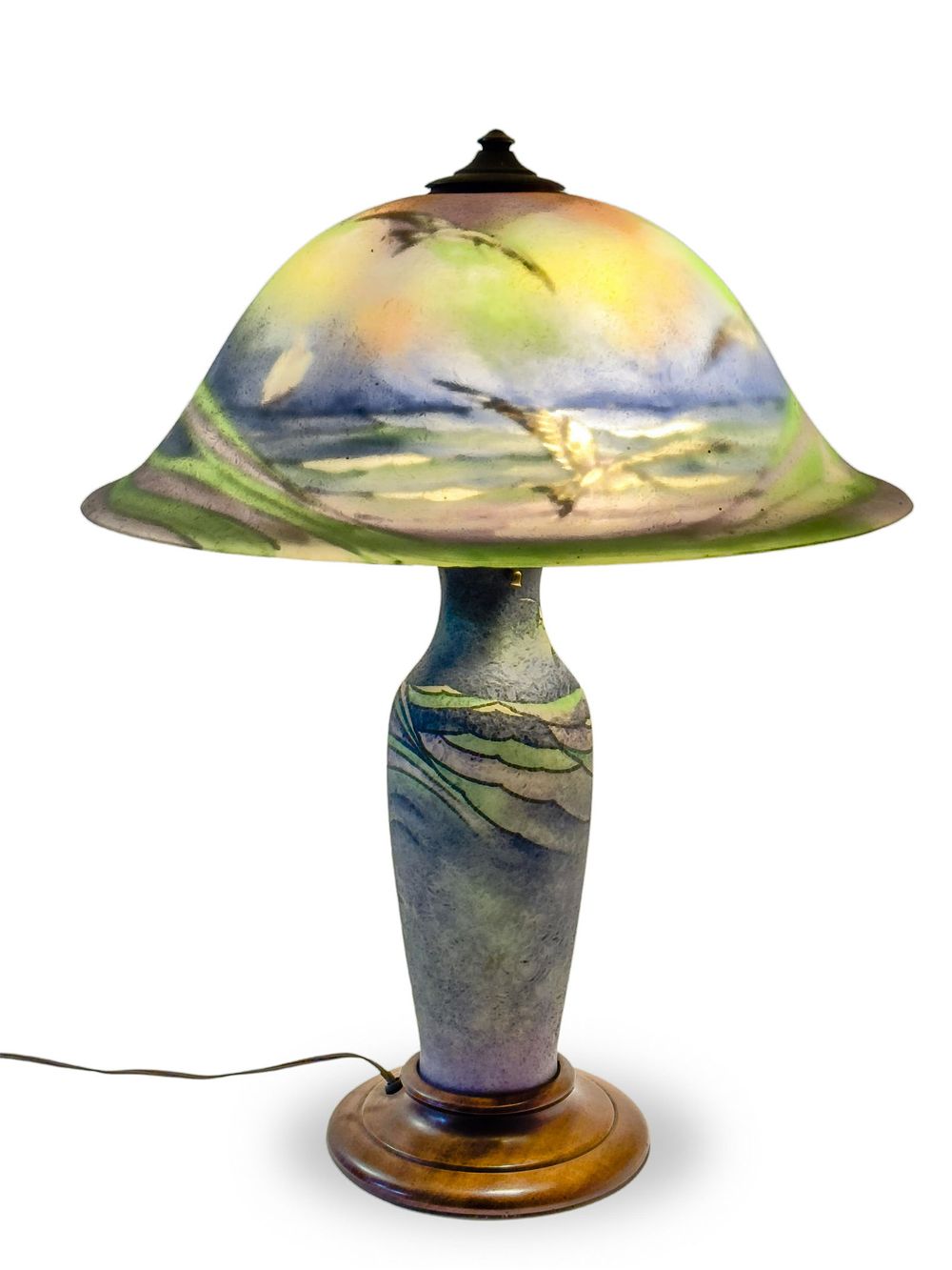 Lot 260: Signed Pairpoint Reverse Painted Seascape Table Lamp 25.75"H x 17.75" Diameter