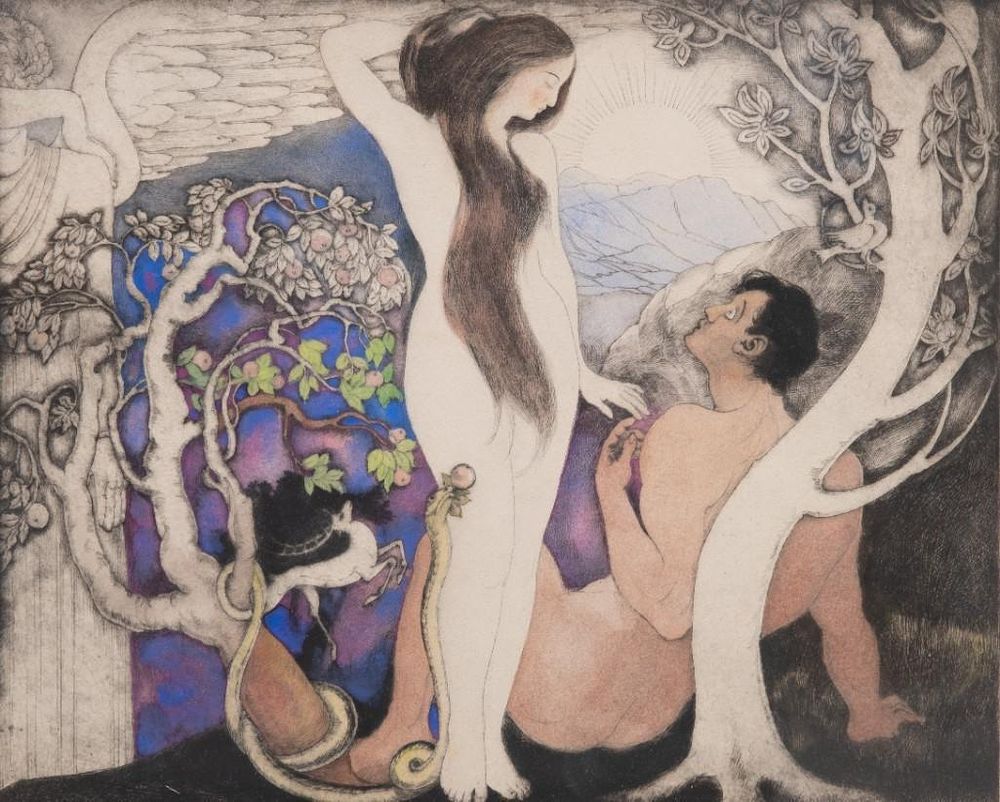 Lot 322: Signed Saul Raskin, 'Adam and Eve'. Etching