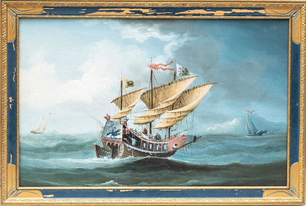 Lot 339: Chinese Export Ships at Sea Oil on Canvas Painting