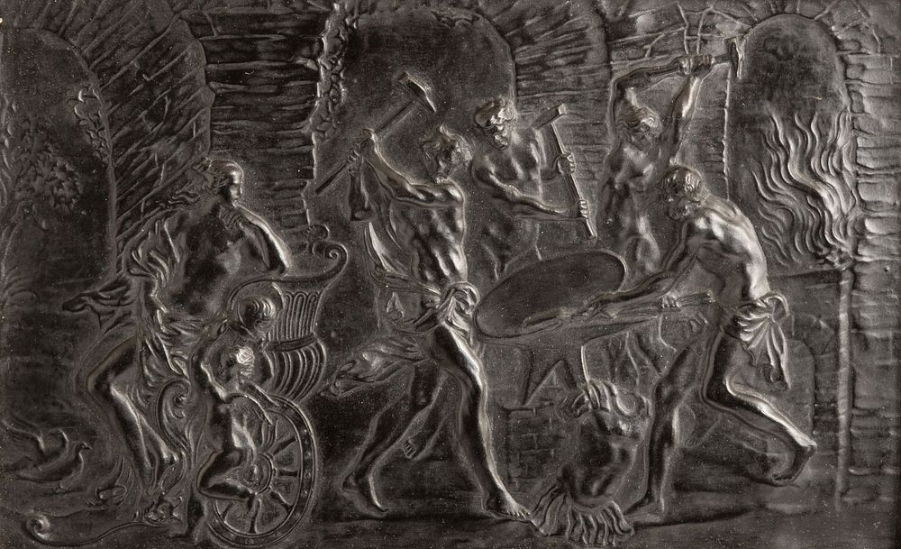 Lot 397: Signed Wedgwood Black Basalt Plaque. Mythologic scene depicting Vulcan the Blacksmith of the Gods