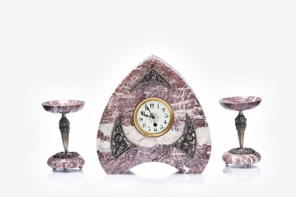 Lot 400: French Art Deco 3-Piece Silvered Bronze and Marble Garniture Set 1930's