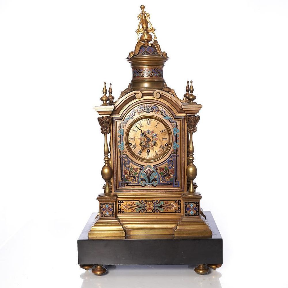 Lot 401: 27" 19th Century Bronze and Champleve Enamel Multi chime Mantle Clock