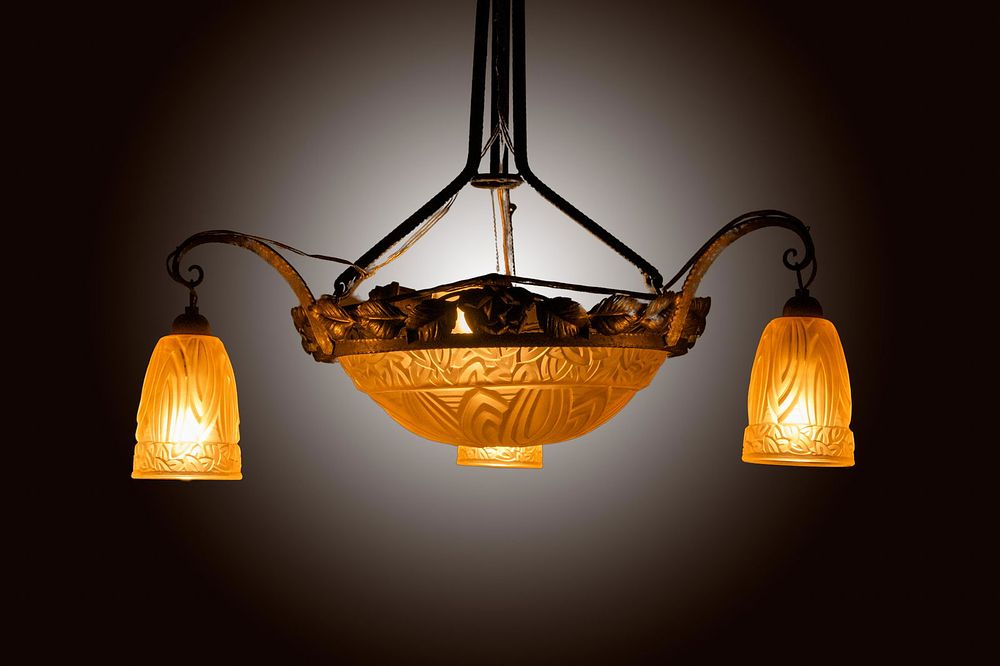 Lot 421: Schneider Signed 1930's French Art Deco Charles Schneider Glass & Iron Chandelier 32"H x 23"W