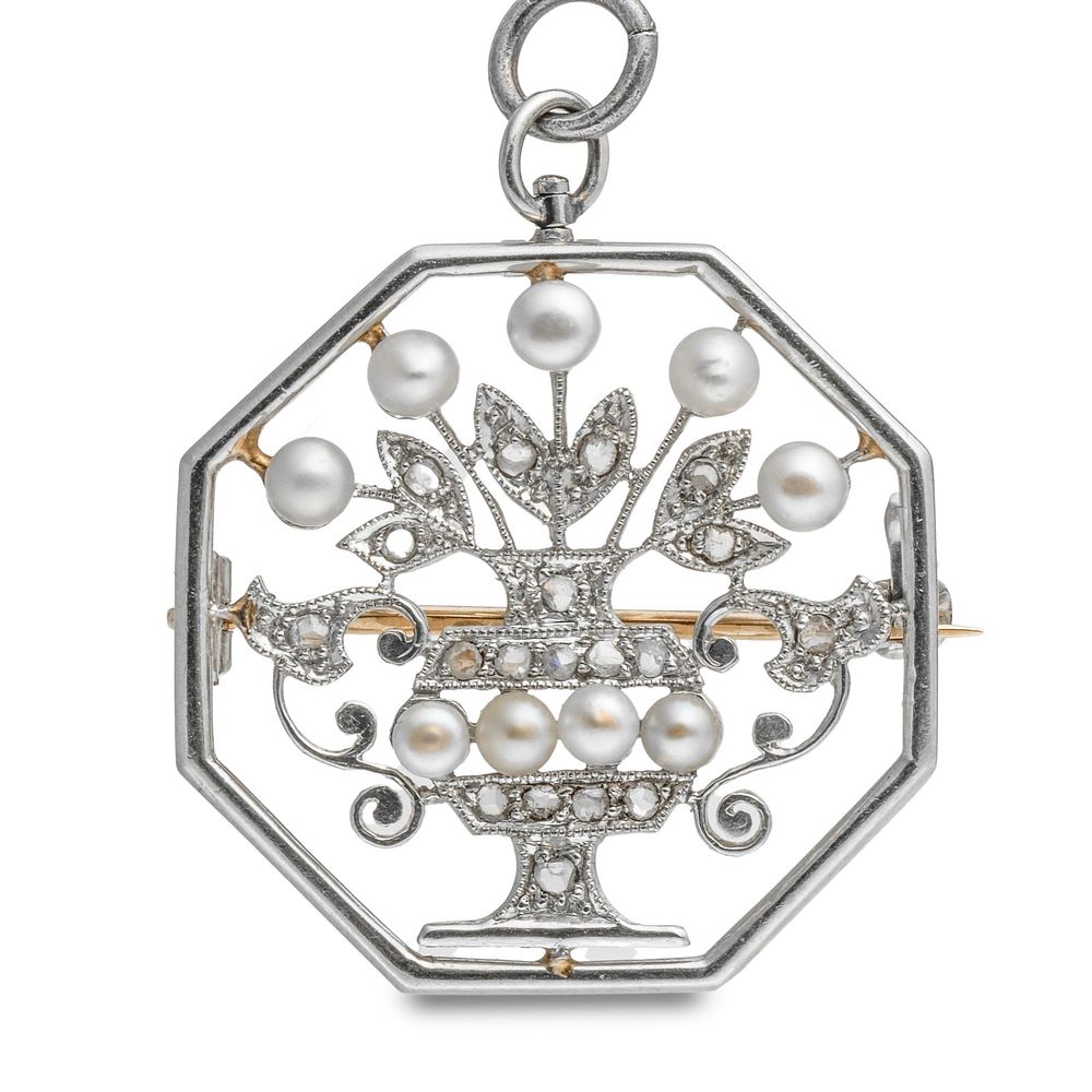 Lot 165: Antique Tiffany & Co 18k Gold, Edwardian Pearl and Diamond Brooch circa 1920