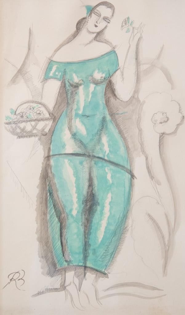 Lot 190: Signed RenÃ© Buthaud, Gouache & Pencil on Paper Art Deco Period 'Art Deco Woman in Green Dress II'