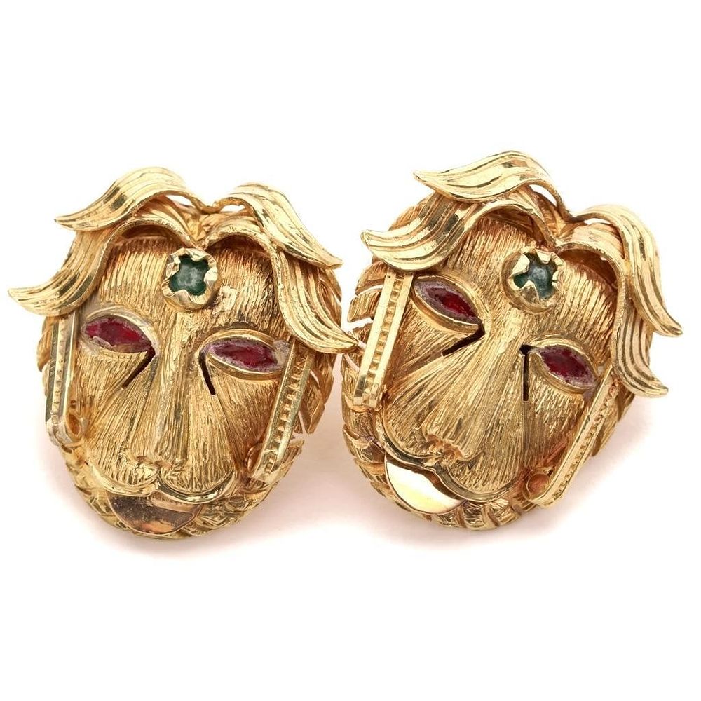 Lot 214: 18kt Gold, Emerald and Ruby Lion Earrings