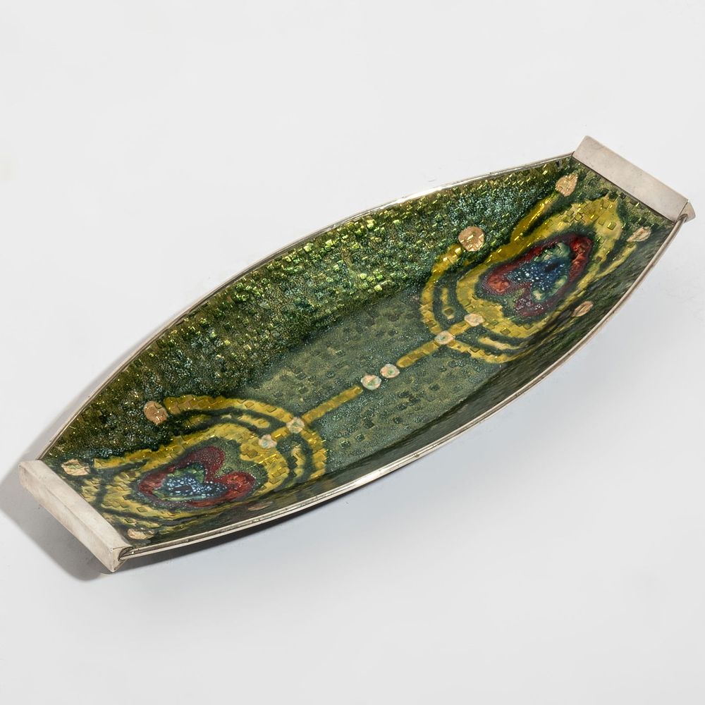 Lot 226: Spanish Art Nouveau or Mid-20th Century Catalan Modern Silverplate Enameled Tray