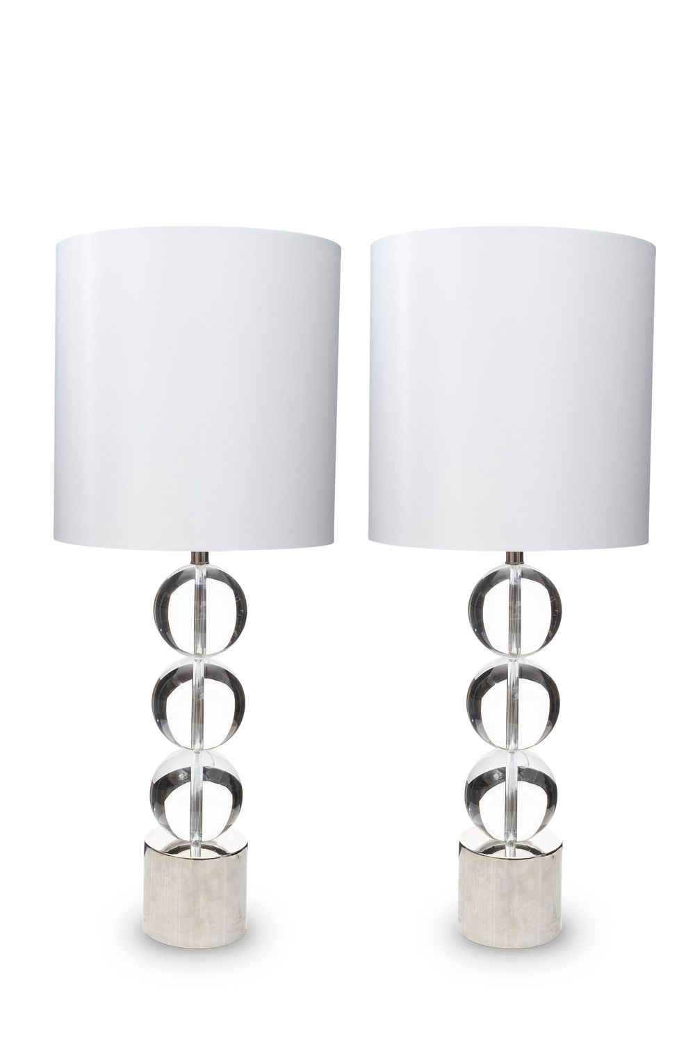 Lot 234: Pair of Mid-Century Modern Style crystal glass designer Lamps on Chrome, bases 25"H x 6" diameter