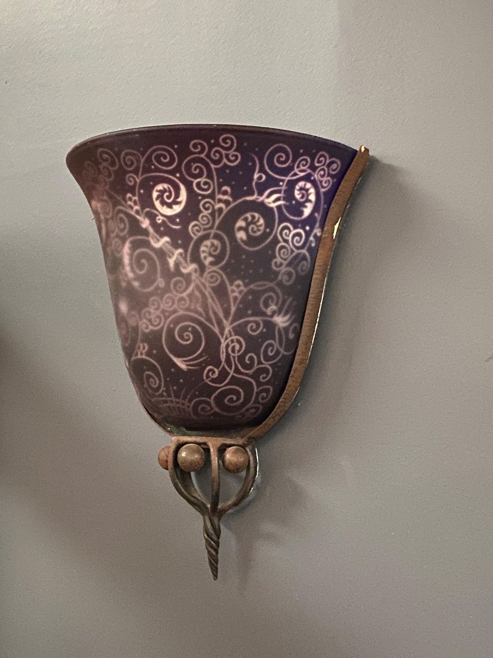 Lot 235: Ulla Darni Wall Sconces.Pair of Original Signed Reverse painted on glass with hand-forged iron work.