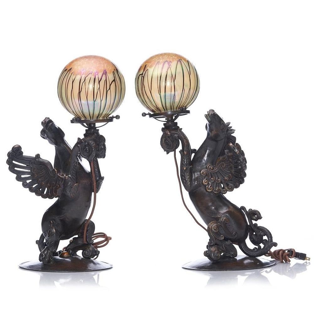 Lot 236: Durand Bronze Lamps with Loetz Martin Bach Jr shades (attrib)