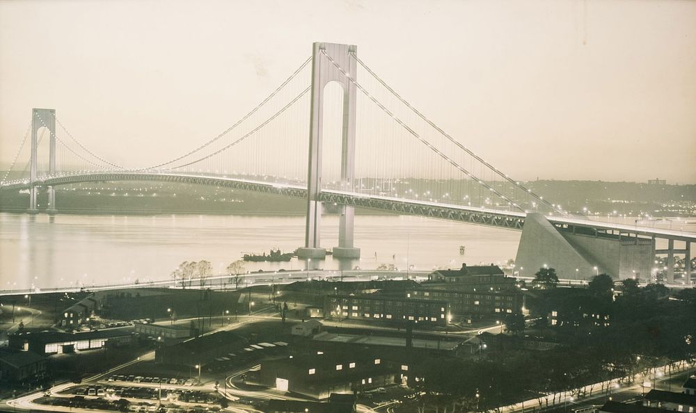 Lot 270: Mystery Artist Verrazano Bridge New York Large 1960's Night Photograph Colored