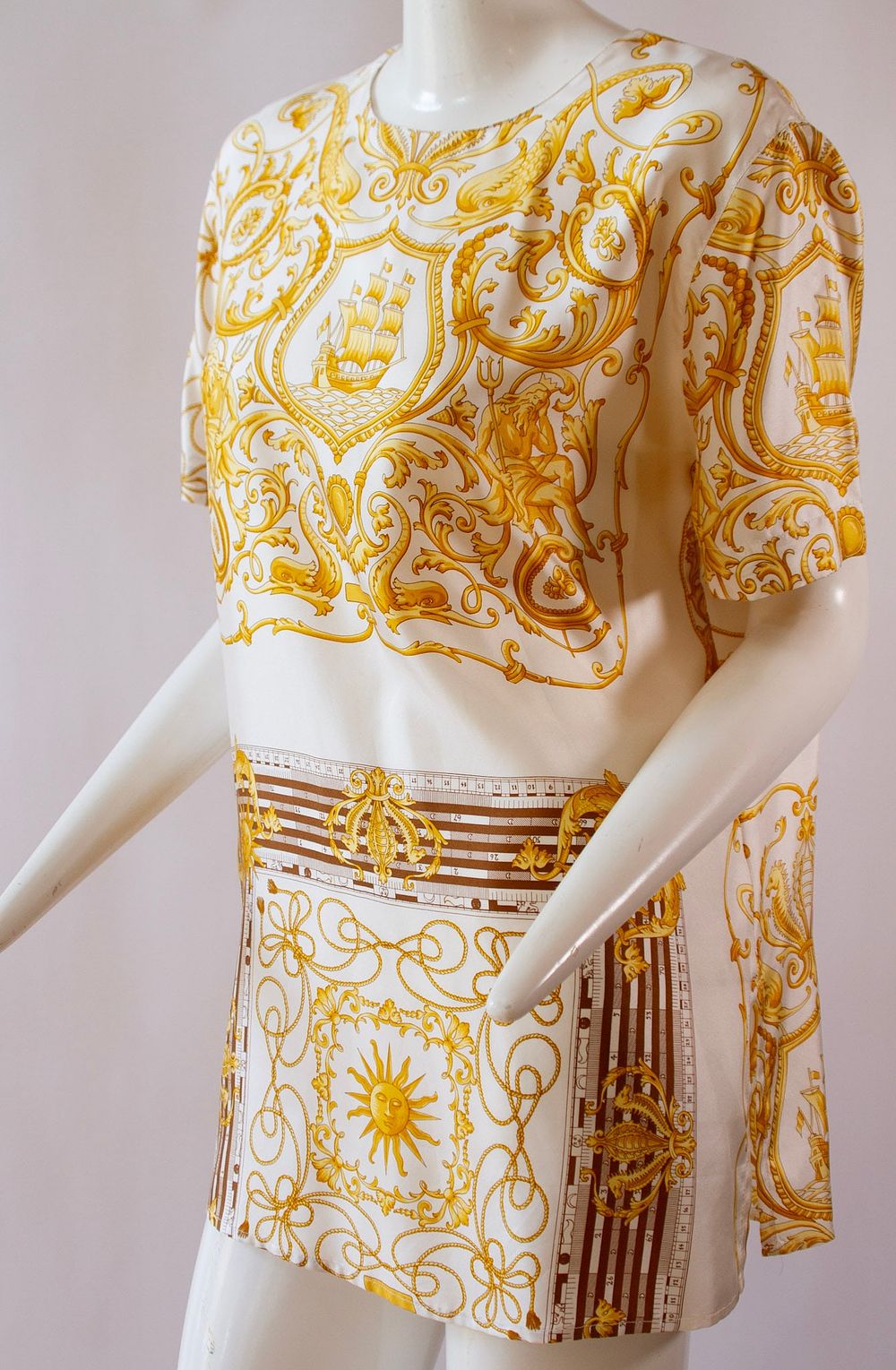 Lot 278: Louis Feraud, 100% Silk, Baroque Gold and White Print, Tunic US 8