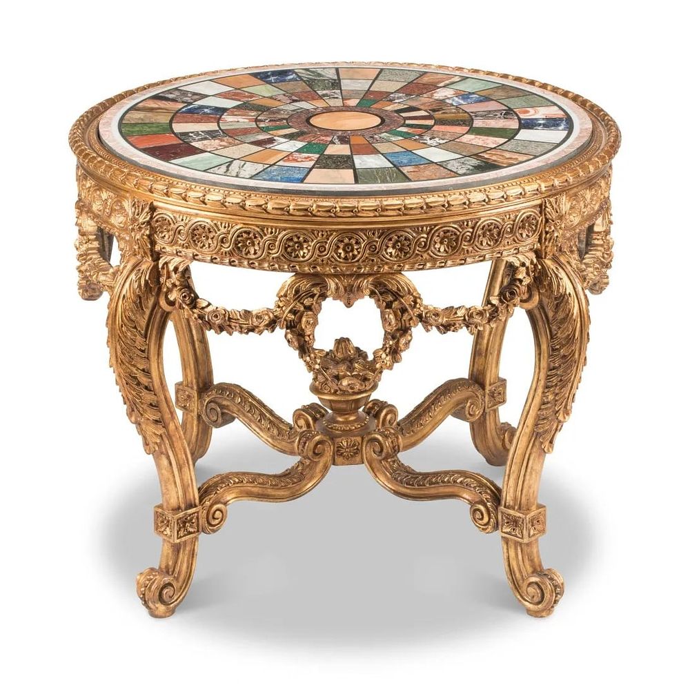 Lot 285: A Louis XV-Style French Carved Giltwood Center Table Gueridon with Specimen Marble Top