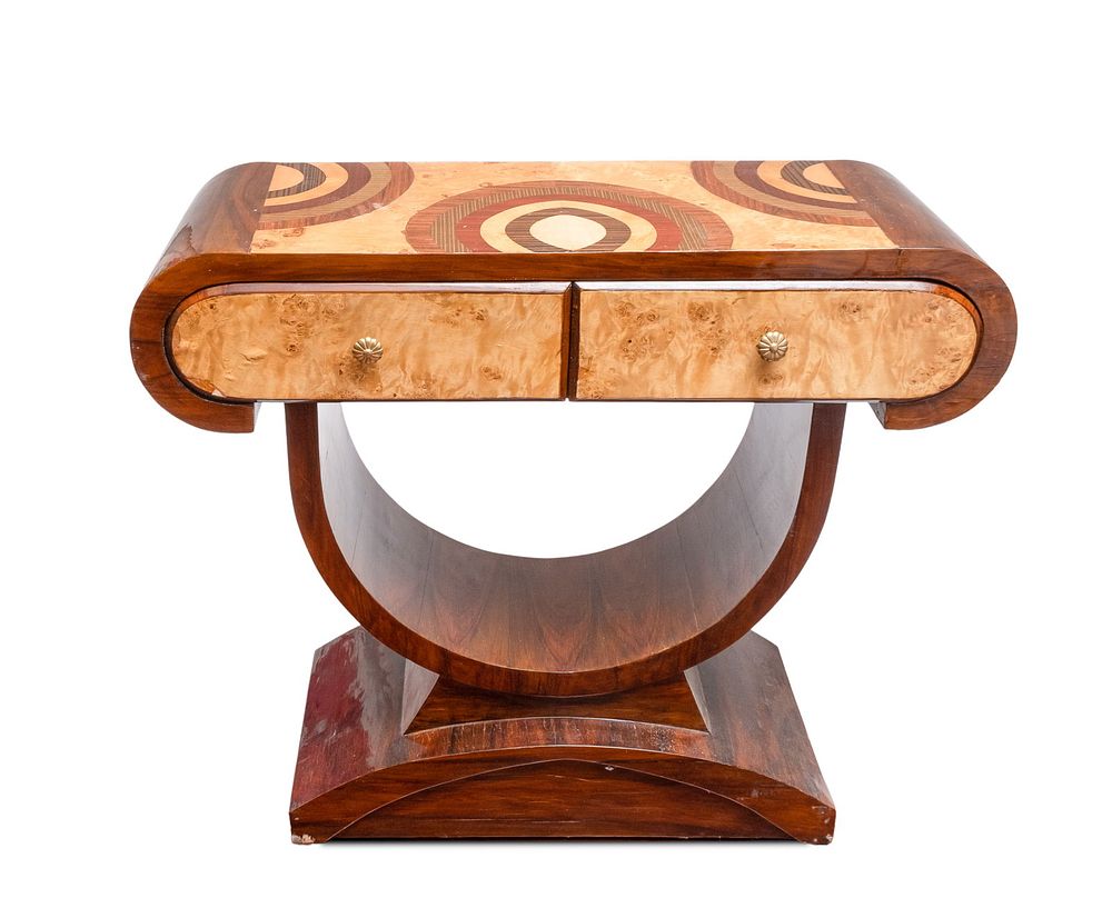 Lot 292: console table with rosewood and inlays of fruitwood veneers in geometric art deco designs, two