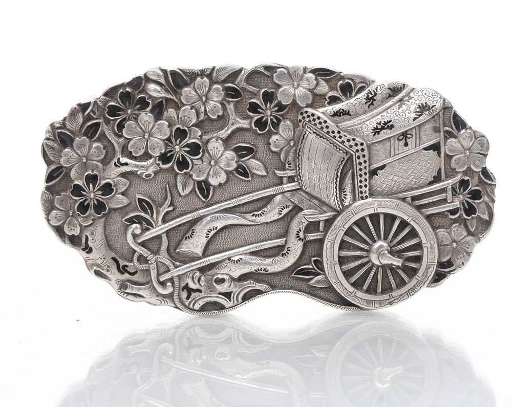 Lot 337: Japanese Meiji period Plum Blossom and Carriage Sterling Silver Box, Circa 1900 4"W x 2"D x 0.5"H