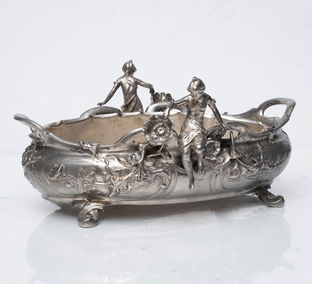 Lot 342: Signed A. Perron Art Nouveau Style Silver Plated Planter 7.5"H x 16"W x 7.5"D