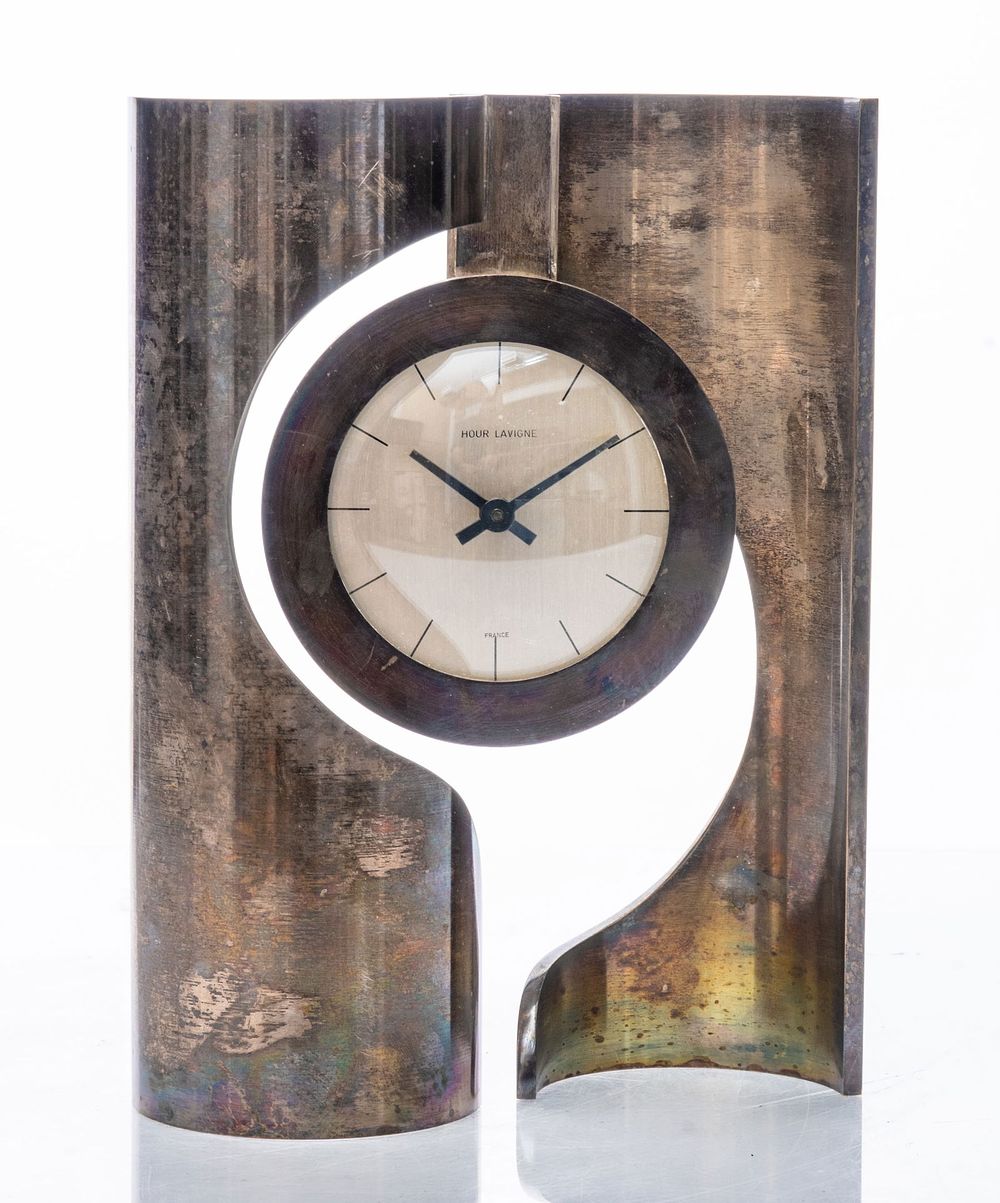 Lot 344: Antique French Modernist Hour Lavigne Silver Plated Desk Clock 9"H x 3"W x 6.75"L