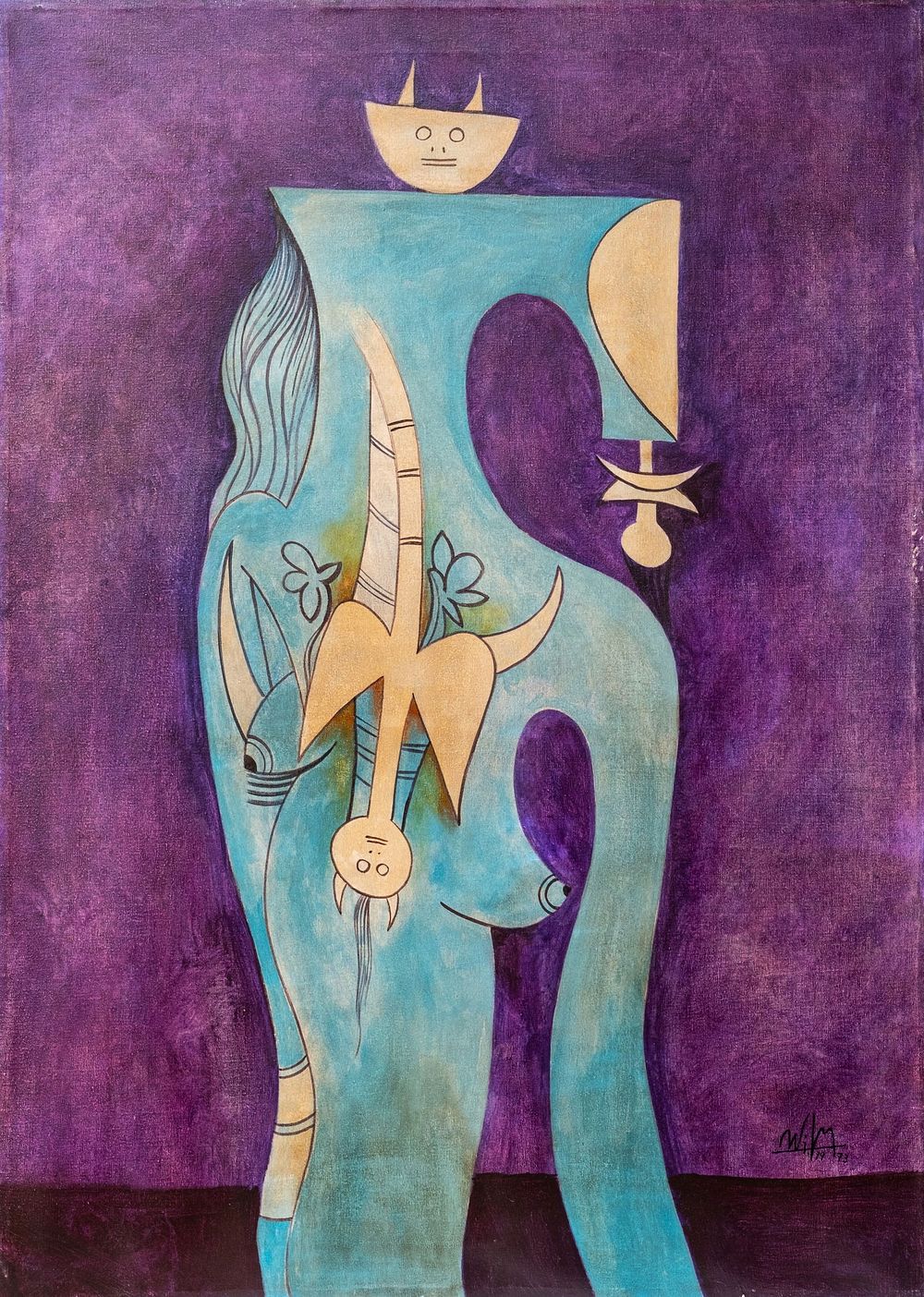 Lot 352: Wilfredo Lam Signed Oil on Canvas "Surreal Abstract" Painting 1973