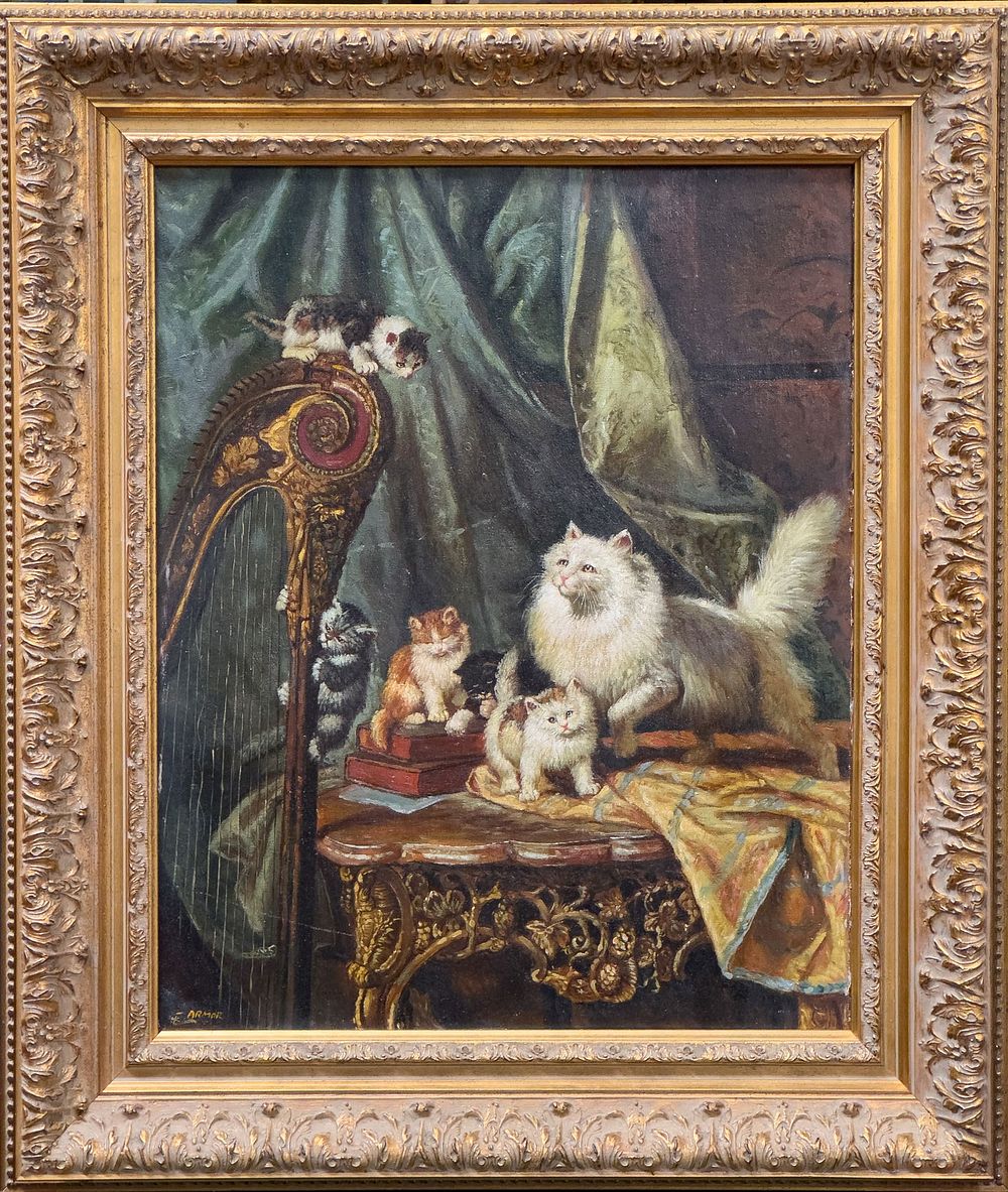Lot 361: Mystery Artist signed Antique Signed Oil on Canvas Painting Frolicking Kittens Art: 16"W x 19.75"H,