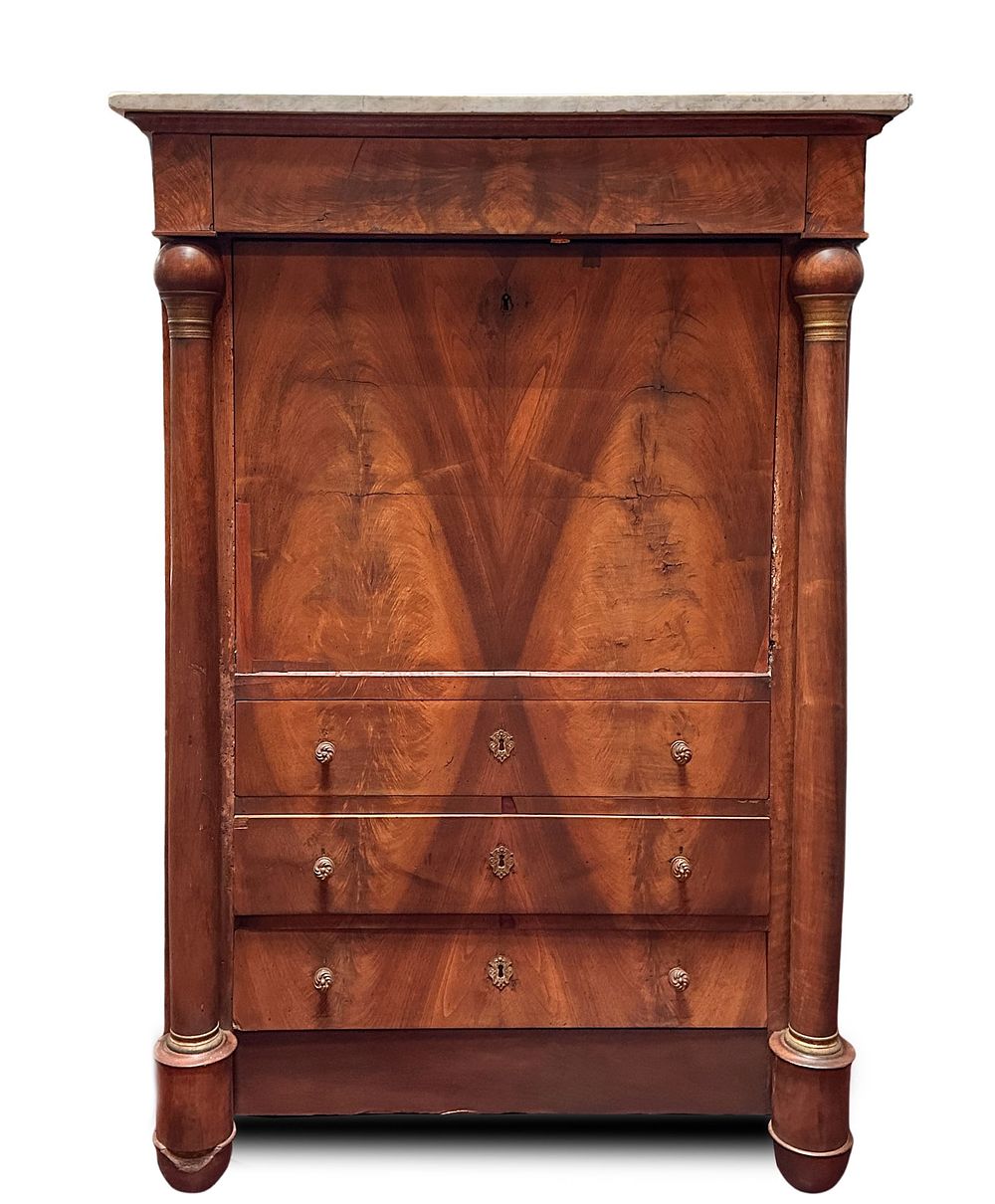 Lot 428: AMERICAN Empire DROP FRONT SECRETARY DESK BRONZE MOUNTED, FLAME Mahogany WITH Marble Top DESCENDED