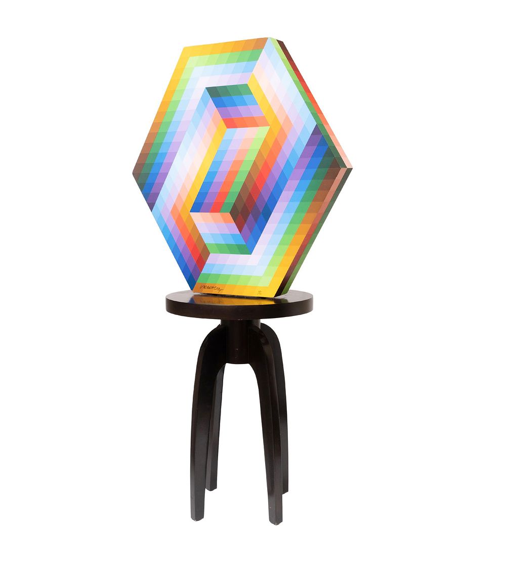 Lot 519: large Signed Victor Vasarely op art sculpture on stand, titled "Kedzi" 26" H x 25.25" W x 3" D