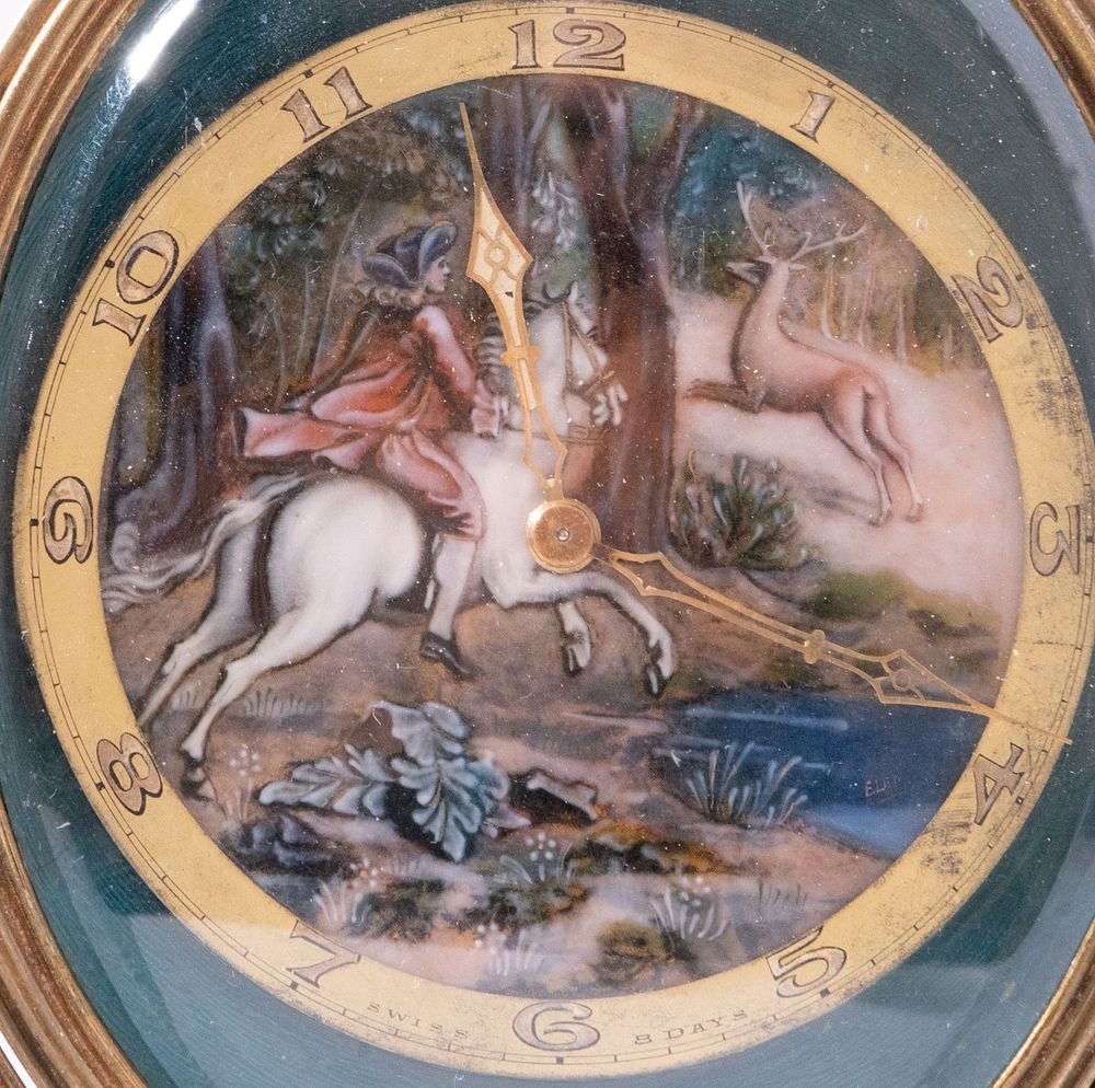 Lot 540: 19th Century French Gilt Bronze, Guilloche Enamel and Marble Clock with painted scene on face. 6.5"H