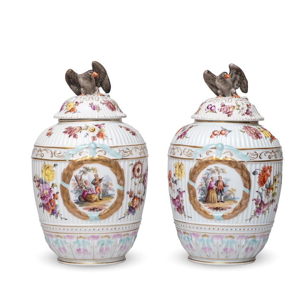 Lot 574: Pair of Dresden Porcelain Lidded Jars, 18th Century, German