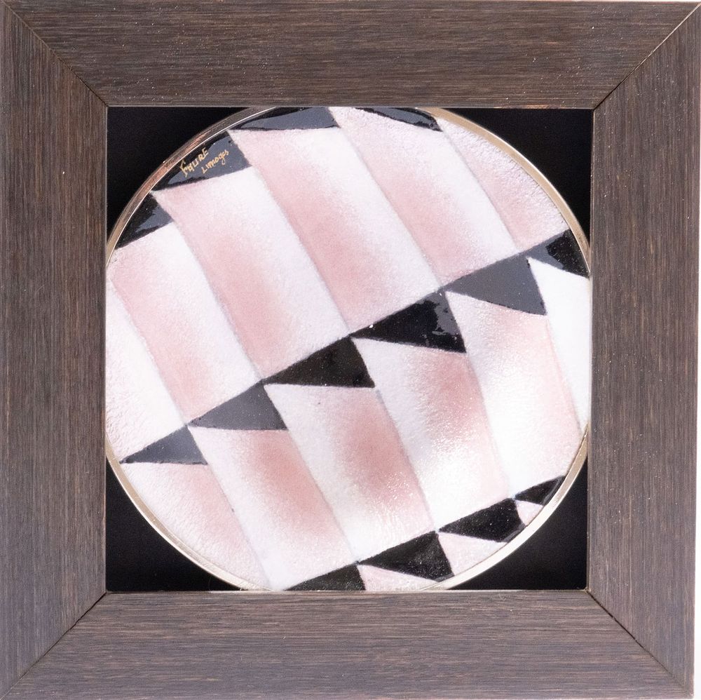 Lot 580: Signed Camille Faure Framed Art Deco Enameled Copper Plate 7.75"W x 7.75"L x 1.75"H