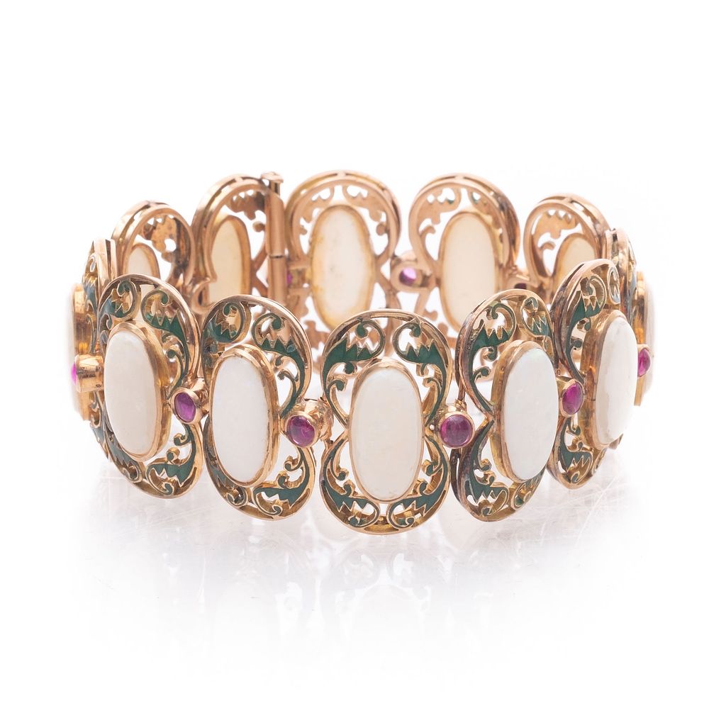 Lot 313: ANTIQUE 18K GOLD Opal, Ruby and Enamelwork Bracelet circa 1920's
