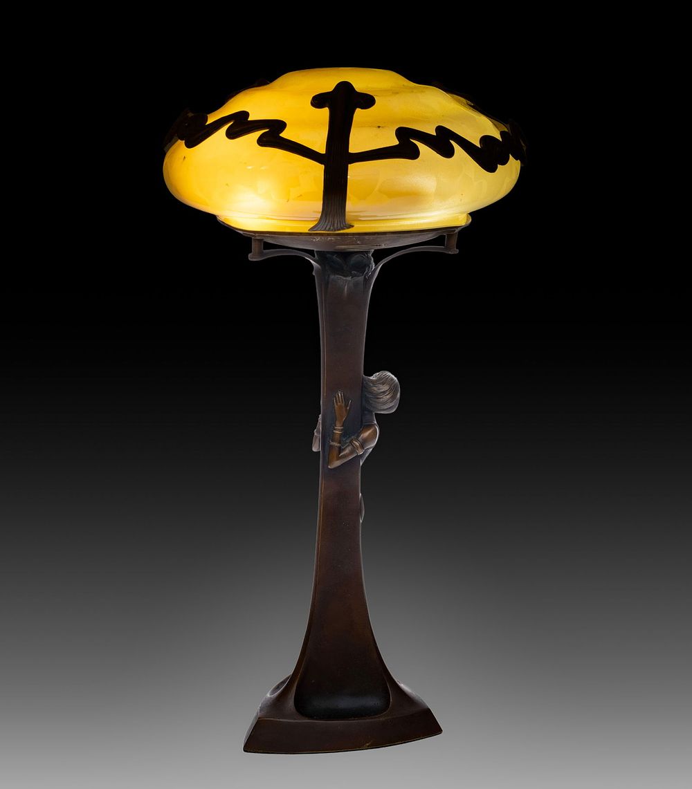 Lot 326: Art Nouveau period Figural Bronze Table Lamp w Iridescent etched Art Glass Shade