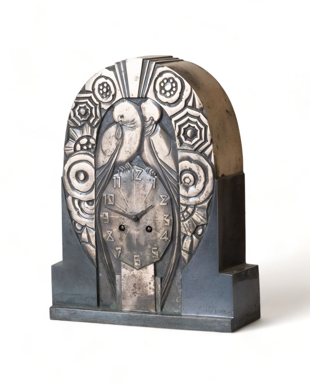 Lot 157: Iconic Signed R. Terras Art Deco Silvered Bronze Mantel Clock, 1930's