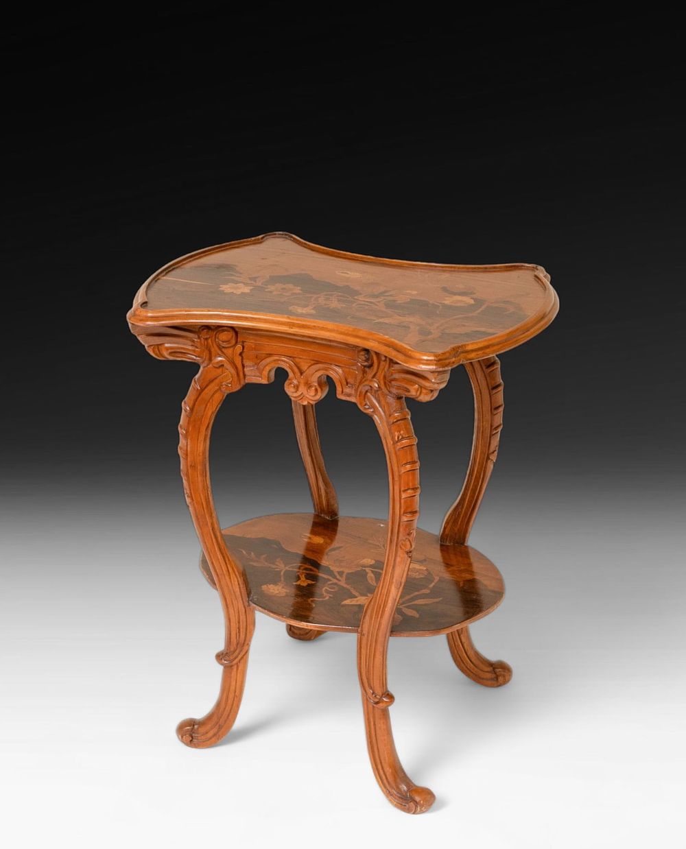 Lot 179: Emile Gallé (Attrib) Carved and Inlaid Two Tier Marquetry Wood Tea Table