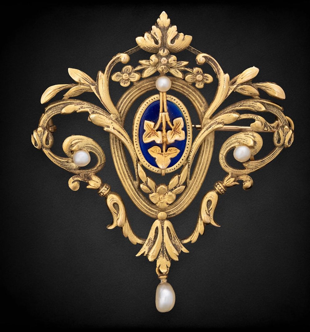 Lot 213: Signed Art Nouveau French 18k Gold, Enamel and Pearl Brooch