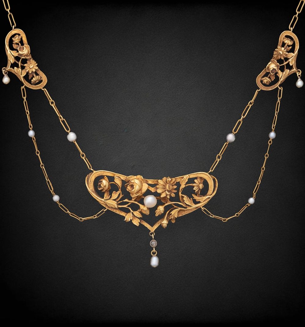Lot 214: Art Nouveau 18K Gold and Pearl Necklace French Necklace