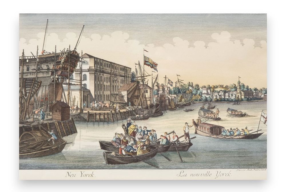 Lot 226: Balthasar Frederich Lazelt Colored Engraving Print Of Lower Manhattan Harbor Entrance Published 1775