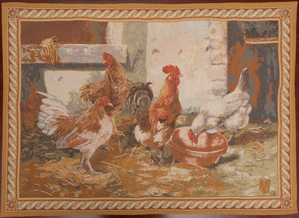 Lot 234: Halluin Signed Tapestry Depicting Farmyard Chickens