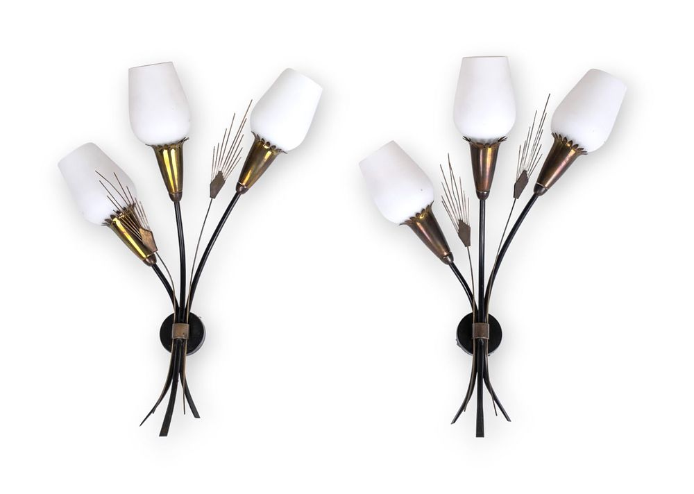 Lot 329: Pair of Mid-Century Modern Wall Lighting Brass and Milk Glass Sconces