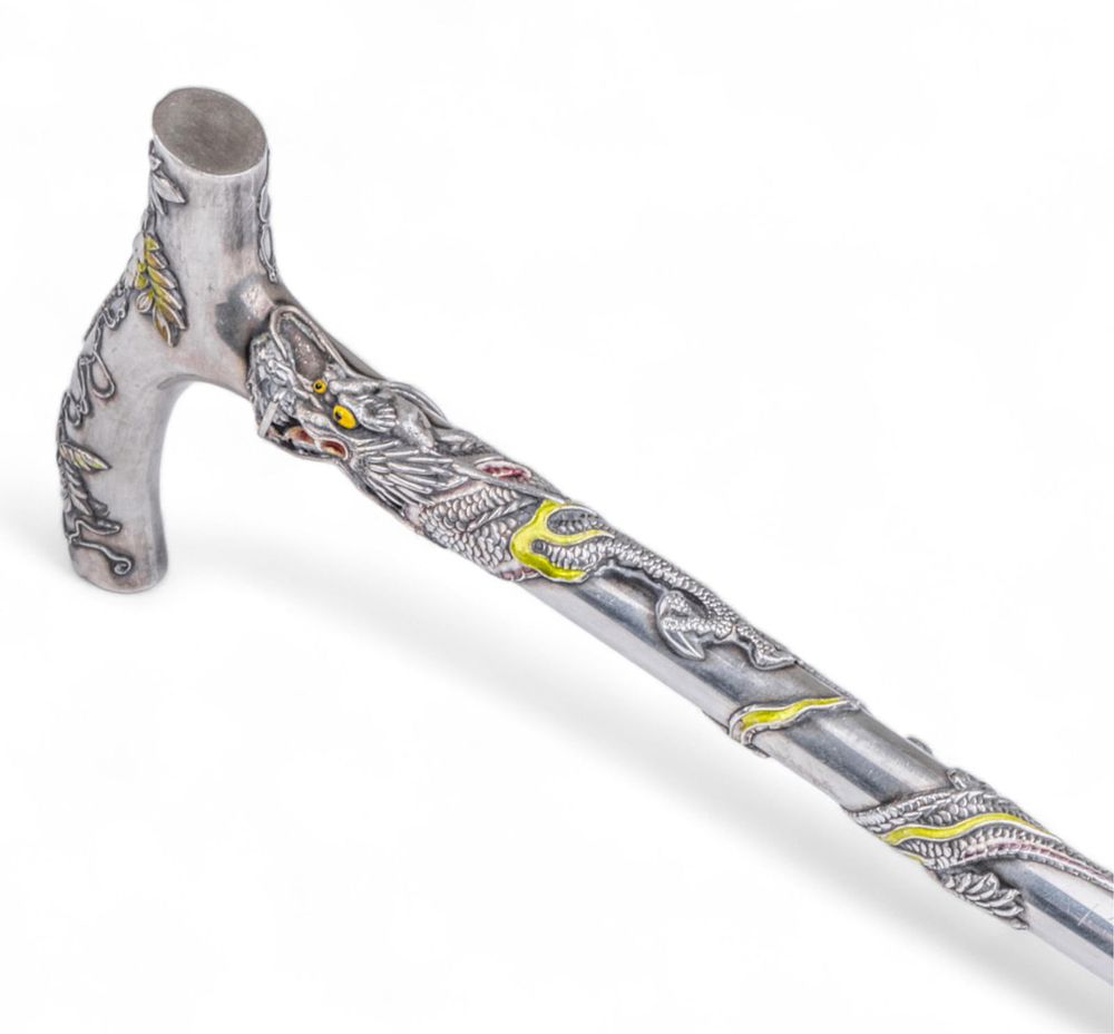 Lot 342: Fine Antique Japanese Shibayama Silver and Enamel Cane/Walking Stick, Late 19th to Early 20th