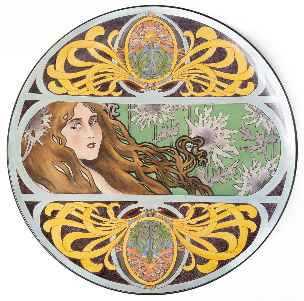 Lot 343: Large Rare Mucha-Style Art Nouveau Hand Painted Wall Plate, Early 20th Century