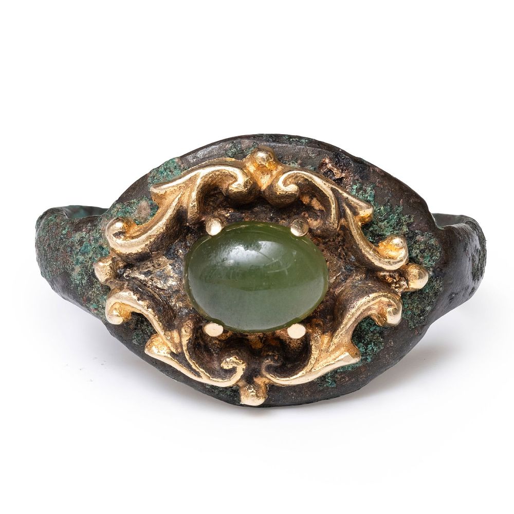 Lot 350: Ancient Greco Roman Gold And Bronze Ring With Green Gemstone, About 2000 Years Old