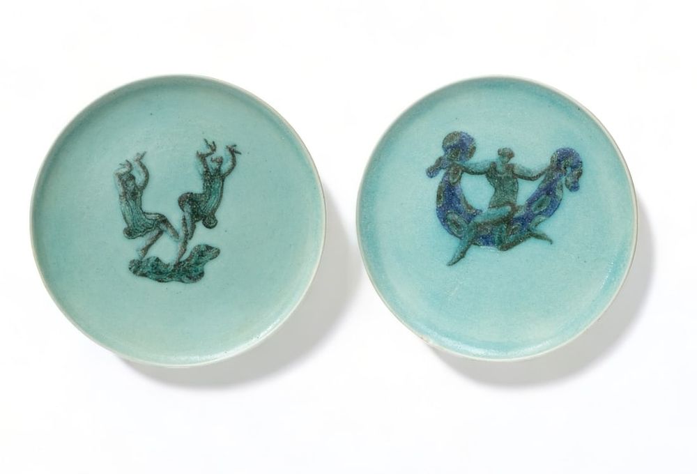 Lot 438: Pair of Jean MAYODON Enamelled ceramic Chargers