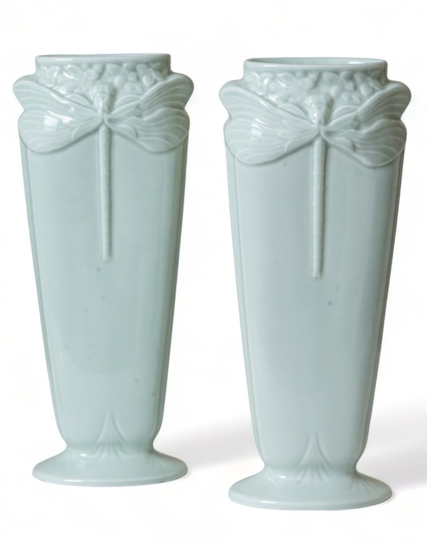 Lot 442: Signed Christofle Art Nouveau Dragonfly Porcelain Vases, Circa 1920