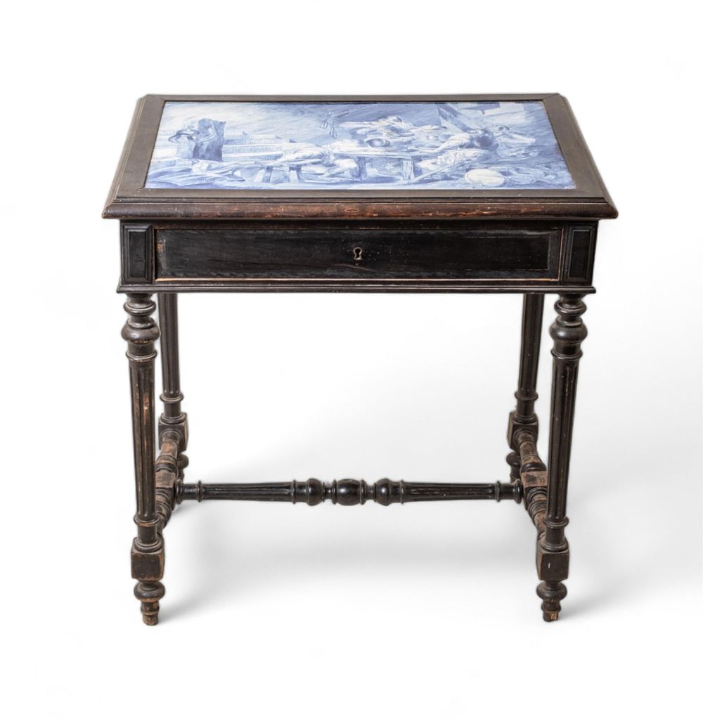 Lot 447: Delft Hand-Painted Tile Top Antique Ebonized Wood Table, 19th Century