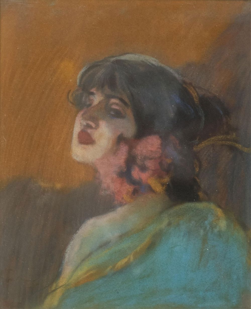 Lot 287: Louis Fortuney Art Nouveau Deco Pastel Painting, Early 20th Century