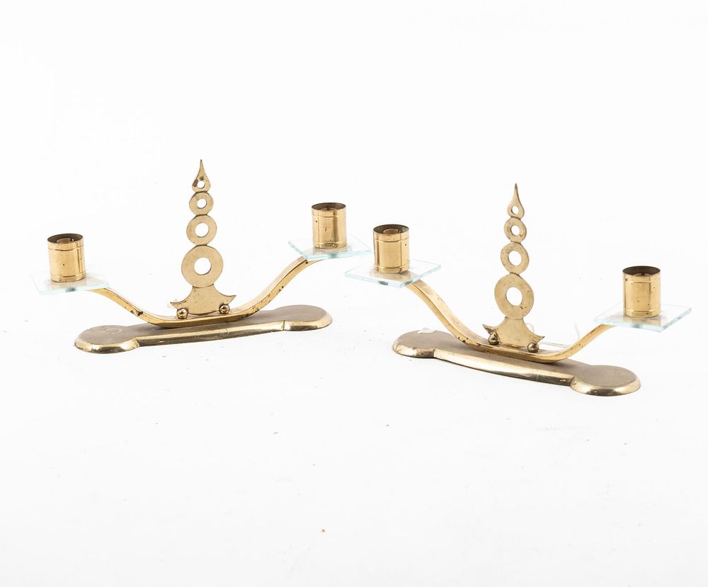 Lot 292: Candelabra Pair Mid Century Brass and Glass French Electric Lamp