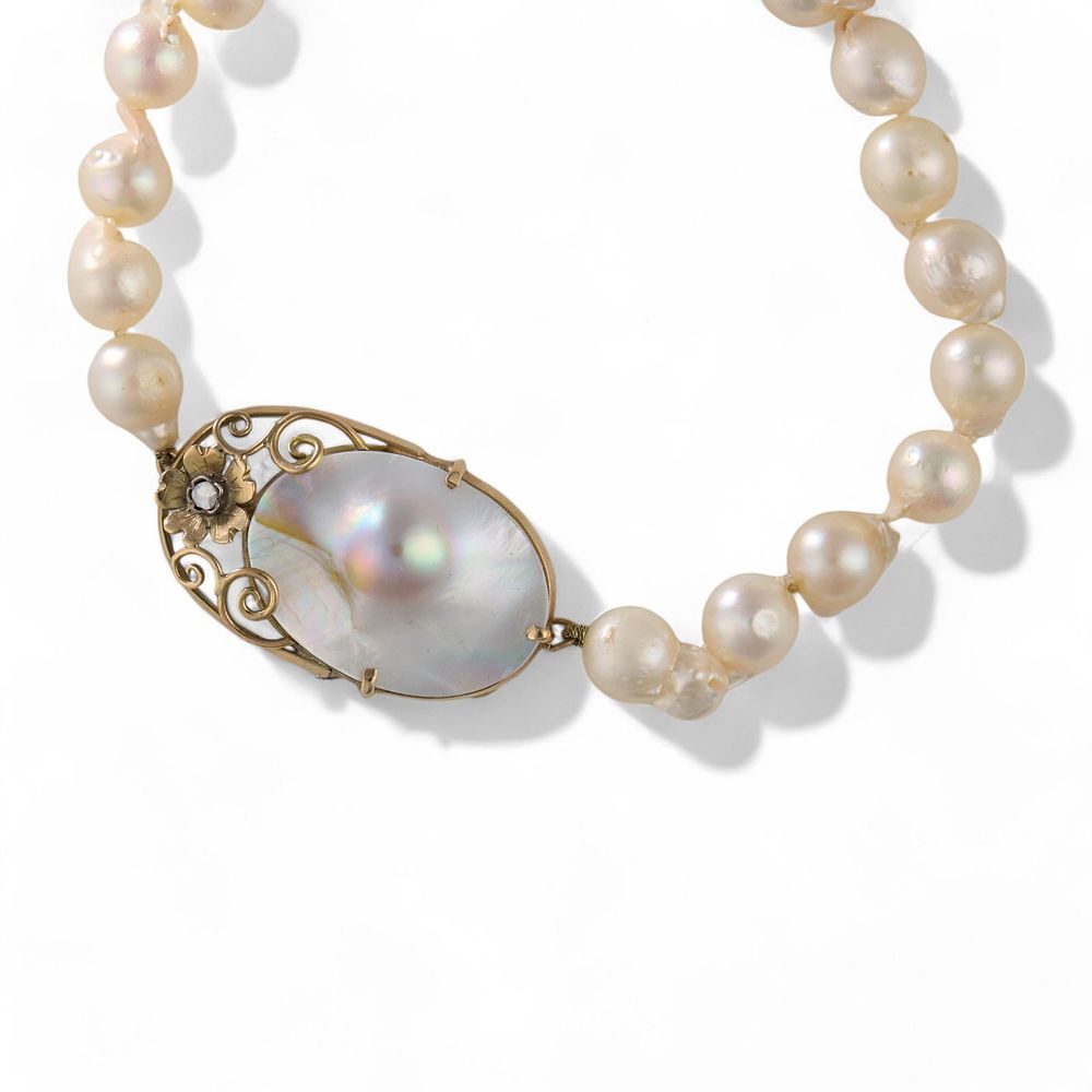 Lot 107: 14K Gold Art Nouveau Pearl and Diamond Convertible Necklace Brooch